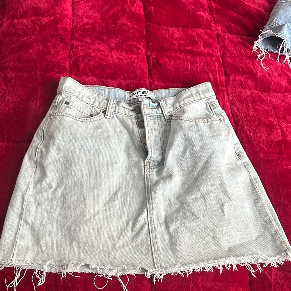 Velvet Heart Pale Blue Denim Raw Hem Mini Skirt